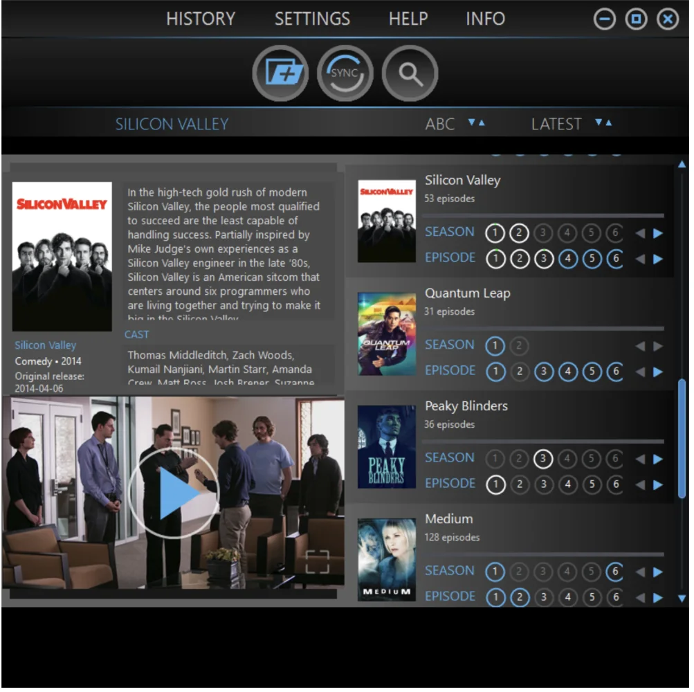 WezoPlayer library interface showing series, seasons and episodes